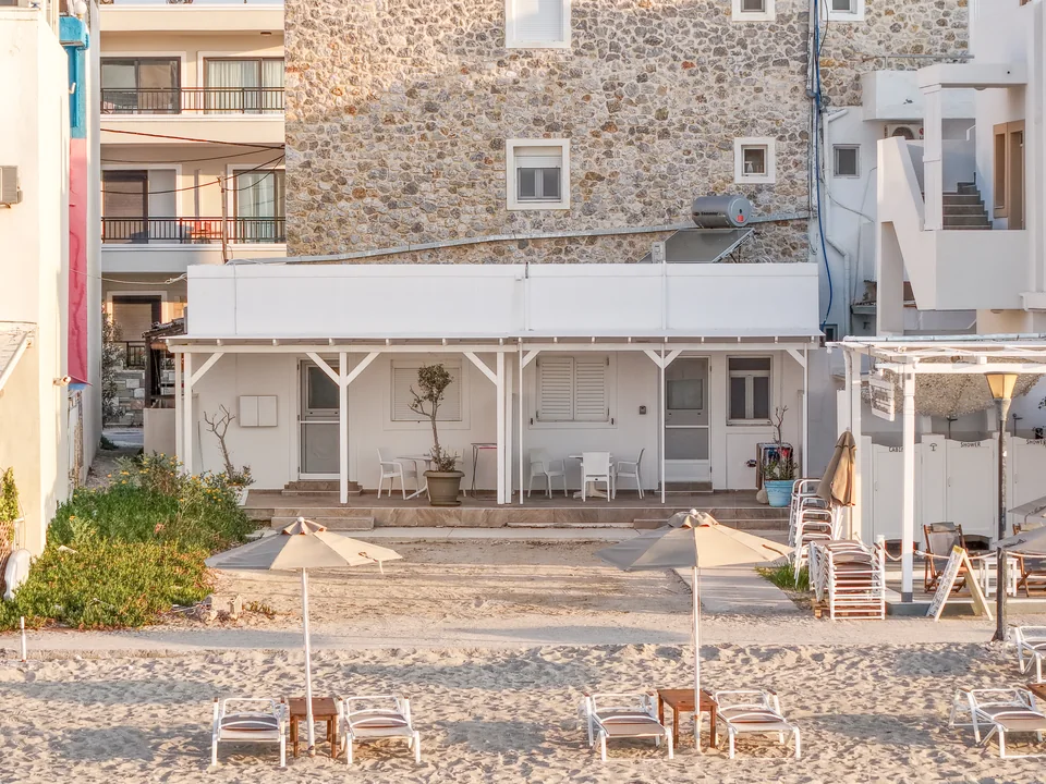 Beachfront terrace with sun loungers in front of Aura Beach Studio, Kardamena, Kos