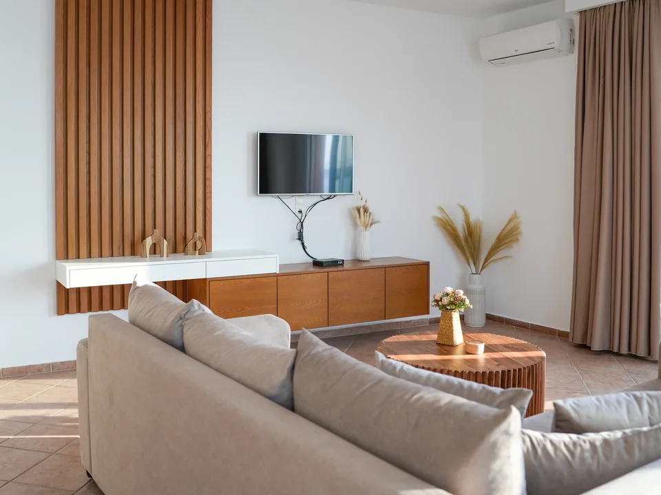 Corner sofa and coffee table in the bright living room