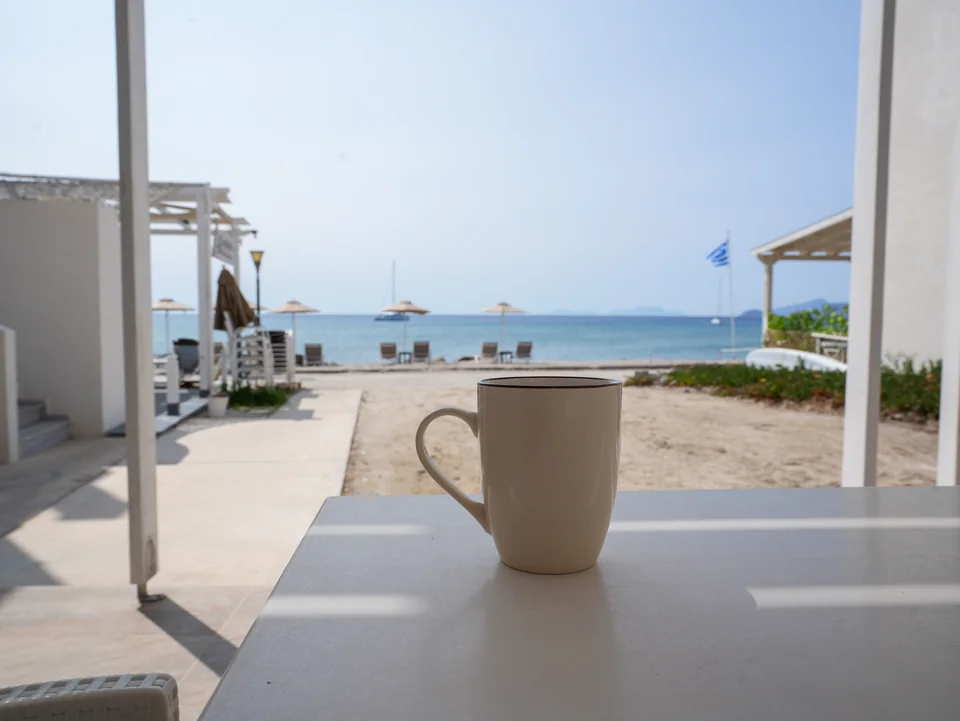 View of the beach and sea from the veranda of Votsalo studio in Kardamena, Kos